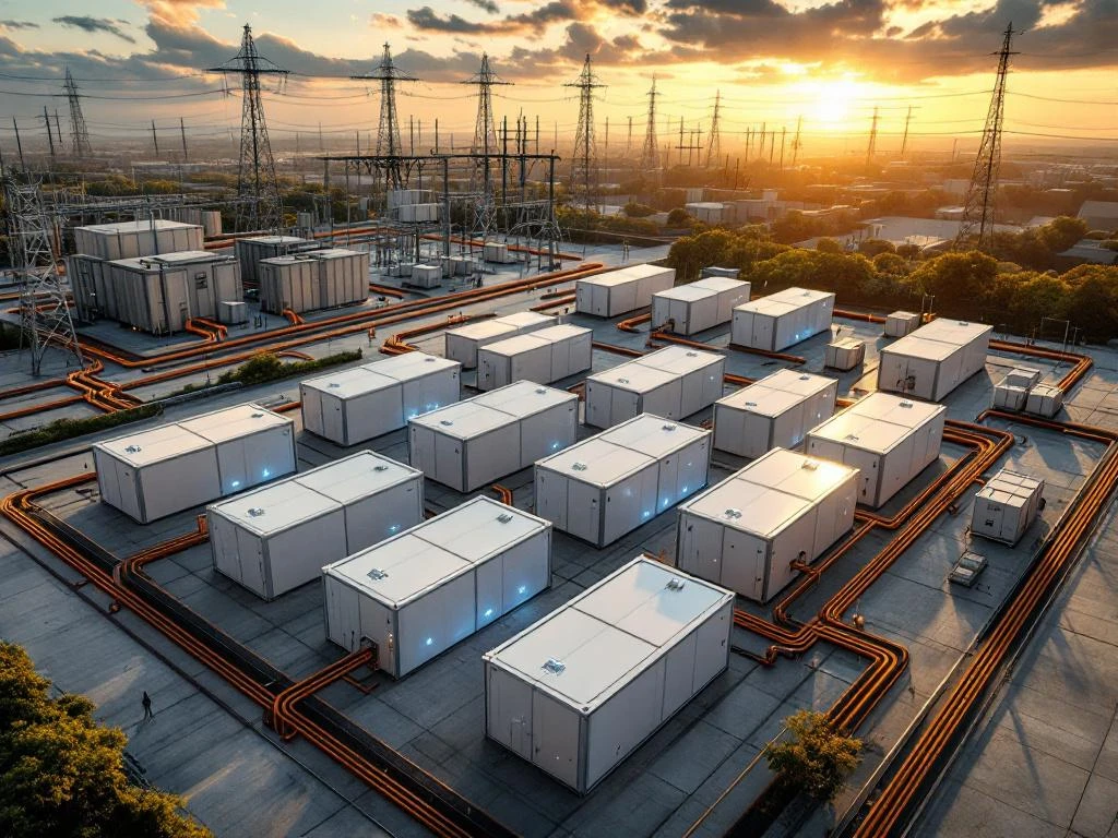 Industrieel batterijopslagsysteem van bovenaf met witte containers, oranje kabels en hoogspanningsmasten bij zonsondergang.