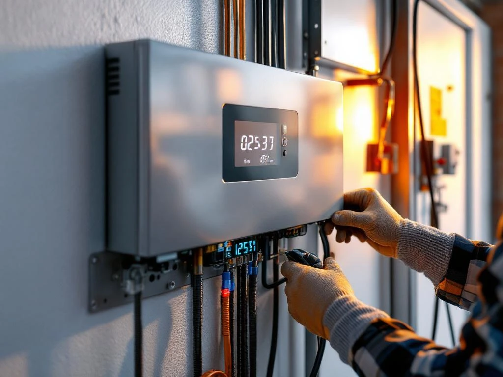 Installateur bevestigt kabels aan moderne batterijopslag op witte muur met gereedschap en timer zichtbaar