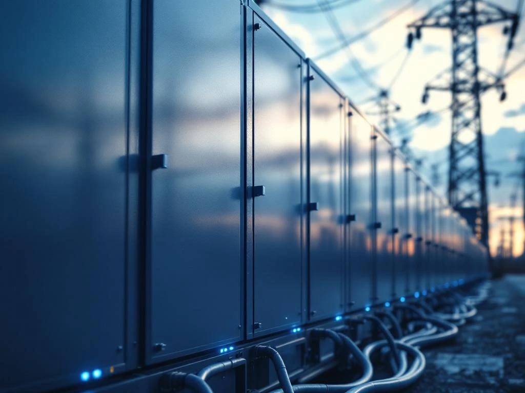 Industrieel batterijopslagsysteem met LED-indicatoren en stroomkabels bij hoogspanningstransformatoren