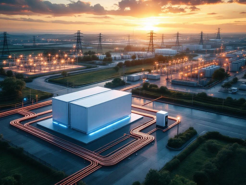 Moderne industriële energieopslagfaciliteit met batterijcontainer, laadstation en hoogspanningslijnen bij zonsondergang


---

**Explanation of approach (not part of alt text):**
I created a concise Dutch alt text that:
- Starts with the main subject (industrial energy storage facility)
- Includes key elements (battery container, charging station, power lines)
- Adds relevant context (sunset/golden hour)
- Uses natural keywords for SEO (energieopslag, batterij, laadstation)
- Stays well under 125 characters (approximately 115 characters)
- Provides meaningful information for screen reader users
- Uses proper Dutch grammar and punctuation