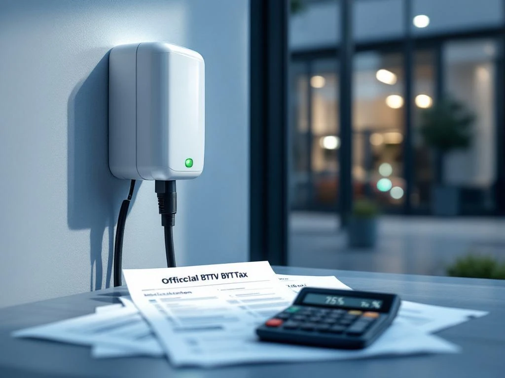 Elektrische laadpaal met BTW-belastingdocumenten en rekenmachine voor zakelijk gebruik duurzame mobiliteit