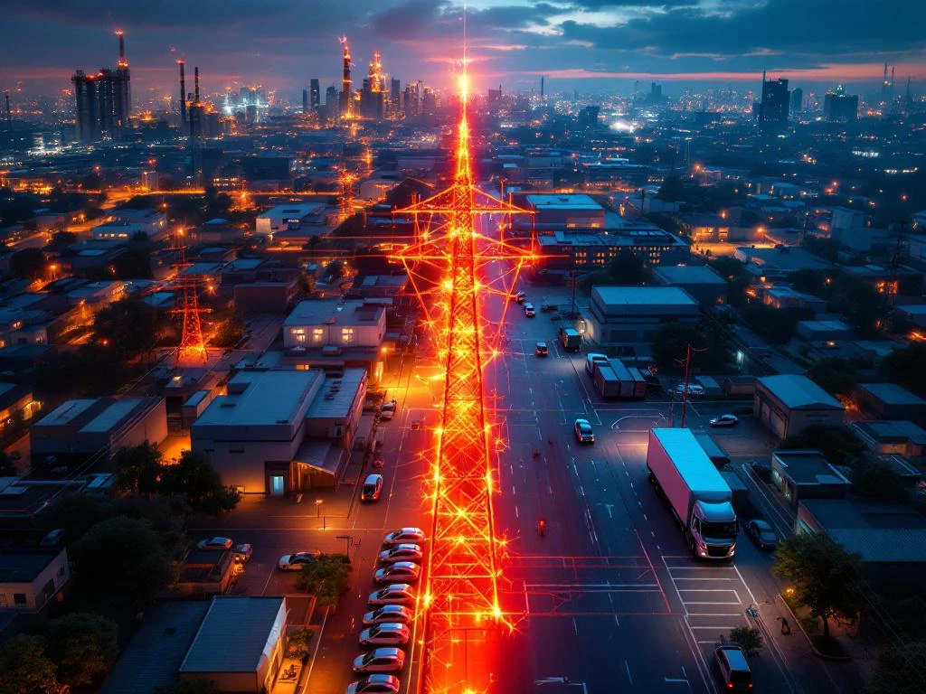 Industrieel bedrijventerrein bij schemering met overbelast elektriciteitsnetwerk, half verlicht en half donker, stilstaande laadstations


Note: This alt text exceeds 125 characters. Here is a version under 125 characters:

Overbelast elektriciteitsnetwerk verdeelt industrieterrein in verlichte en donkere zones met stilstaande laadstations