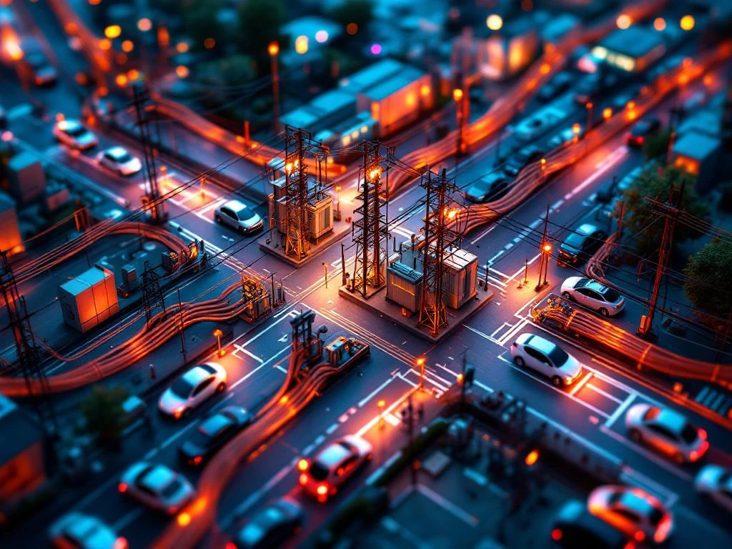 Overbelaste elektrische infrastructuur met koperen kabels, transformatoren en elektrische voertuigen bij oplaadstations