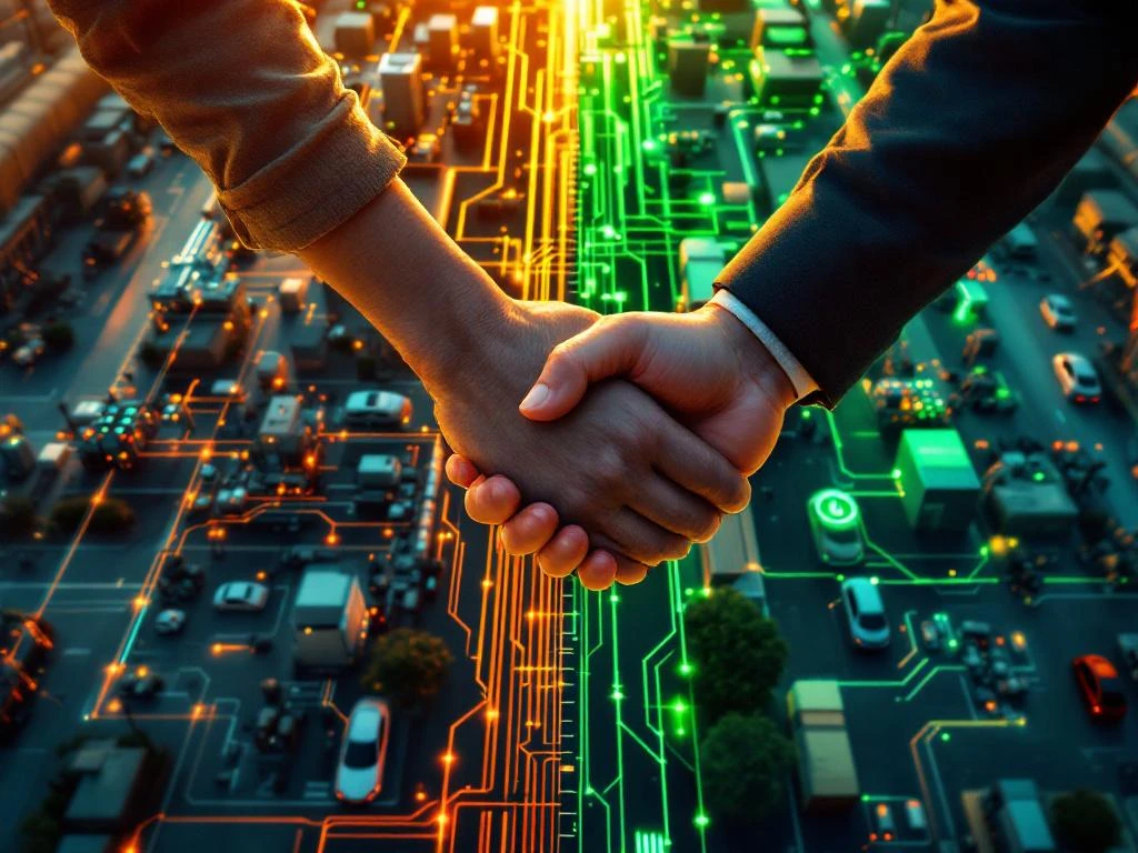 Luchtfoto van elektrisch onderstation met overbelaste en efficiënte circuits, handen schudden over holografisch energienet