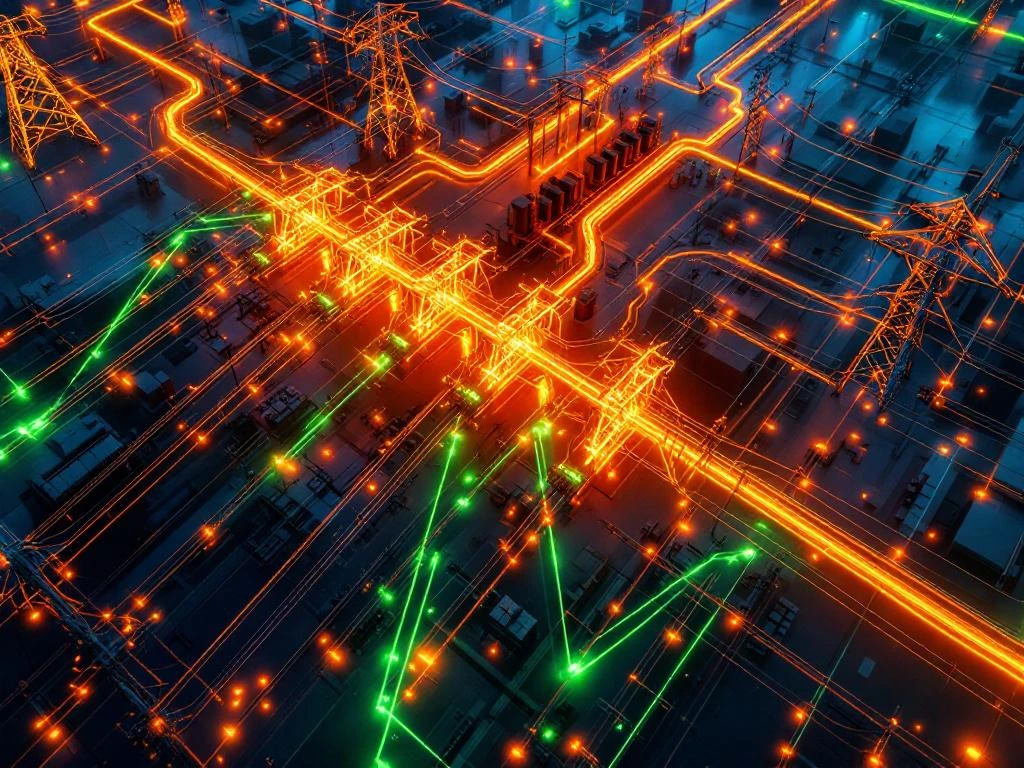 Luchtfoto van overbelast elektriciteitsnet met oranje gloeiende lijnen die samenkomen bij een transformatorstation