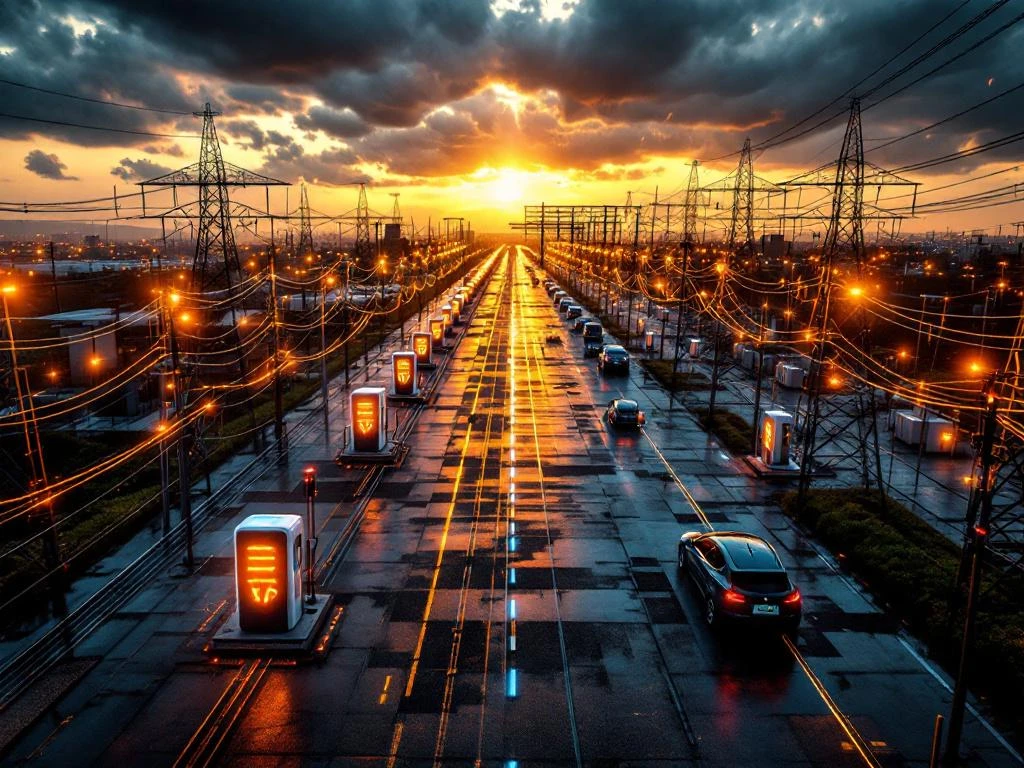 Elektrisch onderstation met gloeiende stroomlijnen naar EV-laadstations met blauwe LED-indicatoren bij zonsondergang