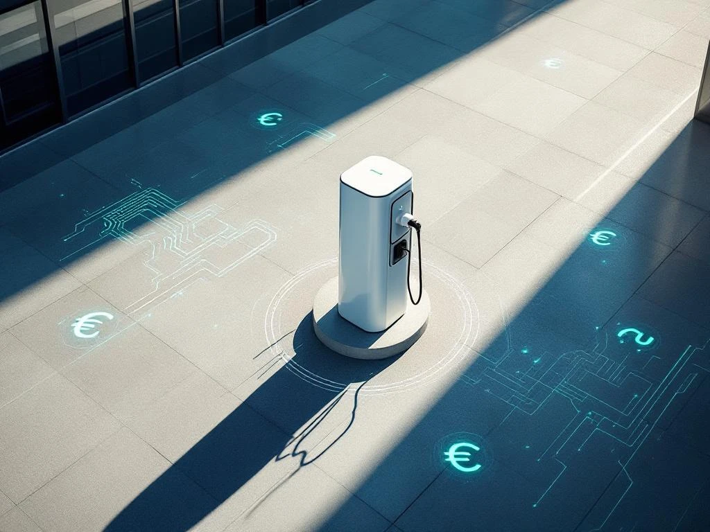 Moderne witte elektrische laadpaal voor bedrijven op commercieel terrein met groene energie symbolen in beton