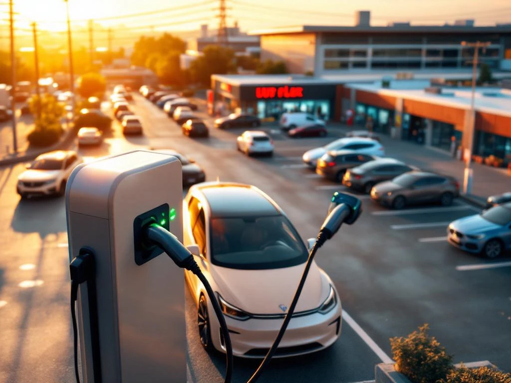 Elektrische auto laadt bij modern laadstation op drukke supermarktparkeerplaats met groene indicatielampjes


---

**Note:** The alt text exceeds 125 characters. Here's a shorter version:

Elektrische auto aan laadstation op supermarktparkeerplaats met groene indicatielampjes