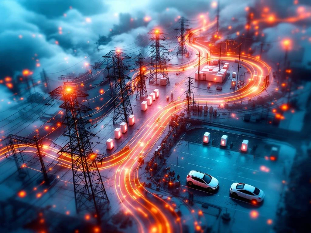 Overbelast elektrisch onderstation met gloeiende kabels naast moderne EV-laadstations, contrast oude en nieuwe infrastructuur