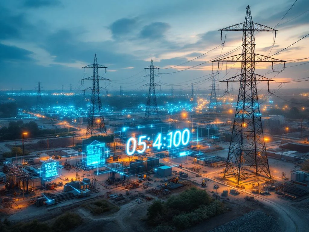 Luchtfoto van verlicht elektriciteitsstation bij schemering met hoogspanningsmasten en bouwplaats voor energie-infrastructuur