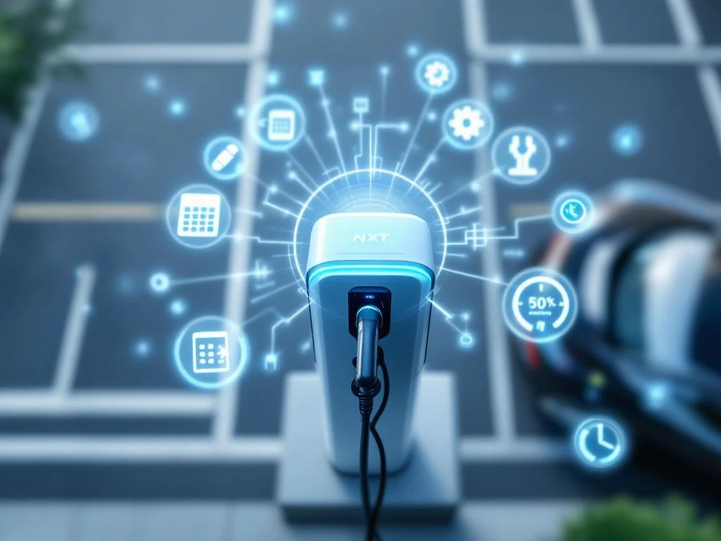 Elektrische auto aan laadpaal met holografische kostenanalyse iconen voor totale eigendomskosten TCO