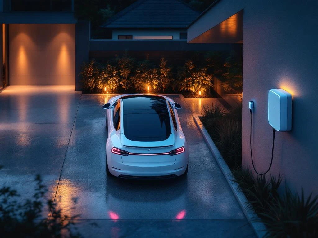 Witte elektrische auto wordt opgeladen bij moderne woning in de schemering met verlichte laadpaal