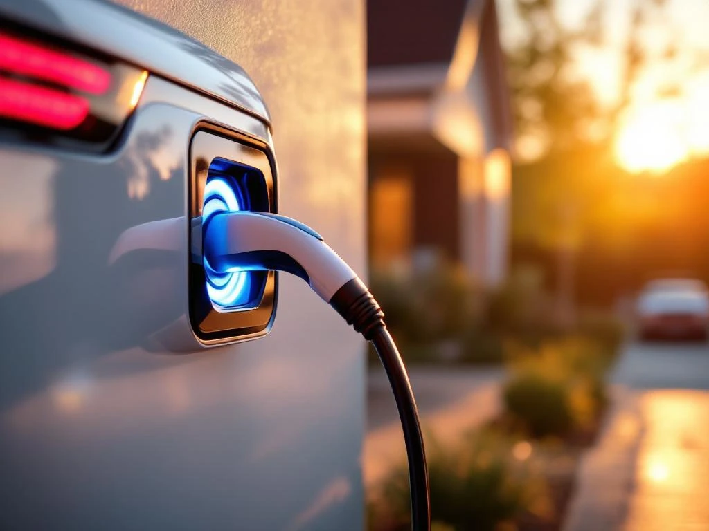 Witte elektrische auto wordt opgeladen bij woning met wandlader tijdens gouden uur, laadkabel in scherpte


---

**Feedback Mechanism:**
If this alt text doesn't meet your needs, please provide specific feedback about length, content focus, or keyword requirements.