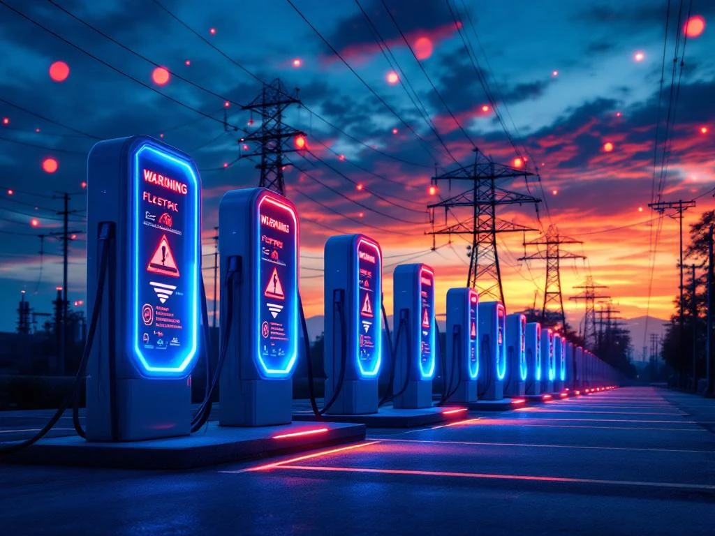 Elektrische auto snellaadstation bij schemering met blauwe LED-verlichting en waarschuwingssymbolen voor netwerkcongestie