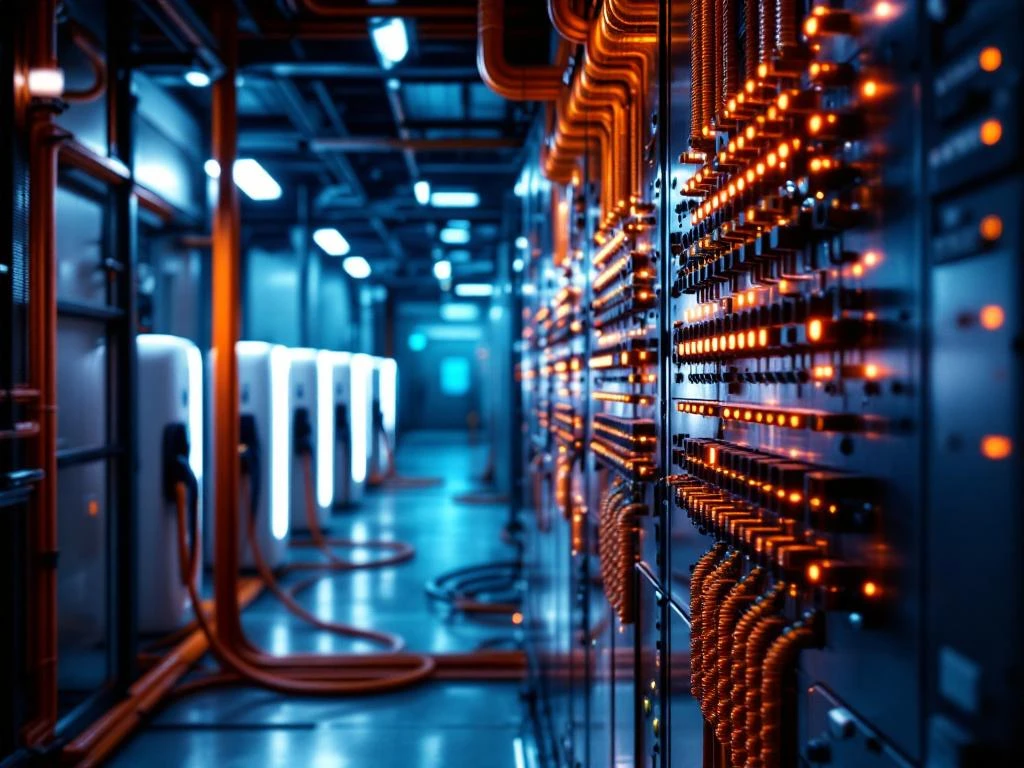 Elektrische infrastructuurruimte met industrieel paneel, koperrails en kabels naar EV-laadstations