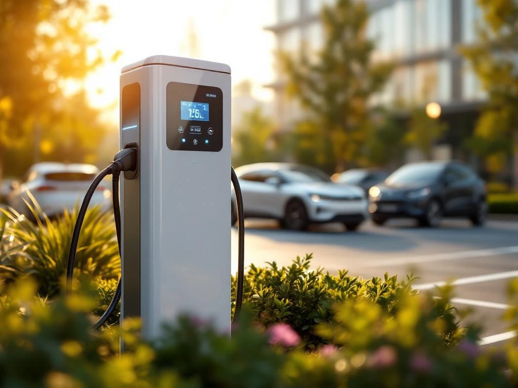 Witte EV-laadpaal met blauwe LED-indicatoren in moderne zakelijke parkeerplaats tijdens gouden uur