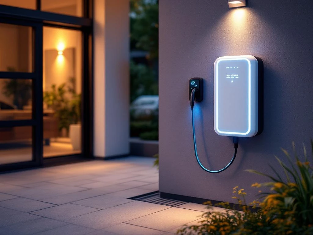 Elektrische laadpaal aan moderne woning met bedrijfsauto, vogelperspectief bij schemering met verlichte oplaadkabel