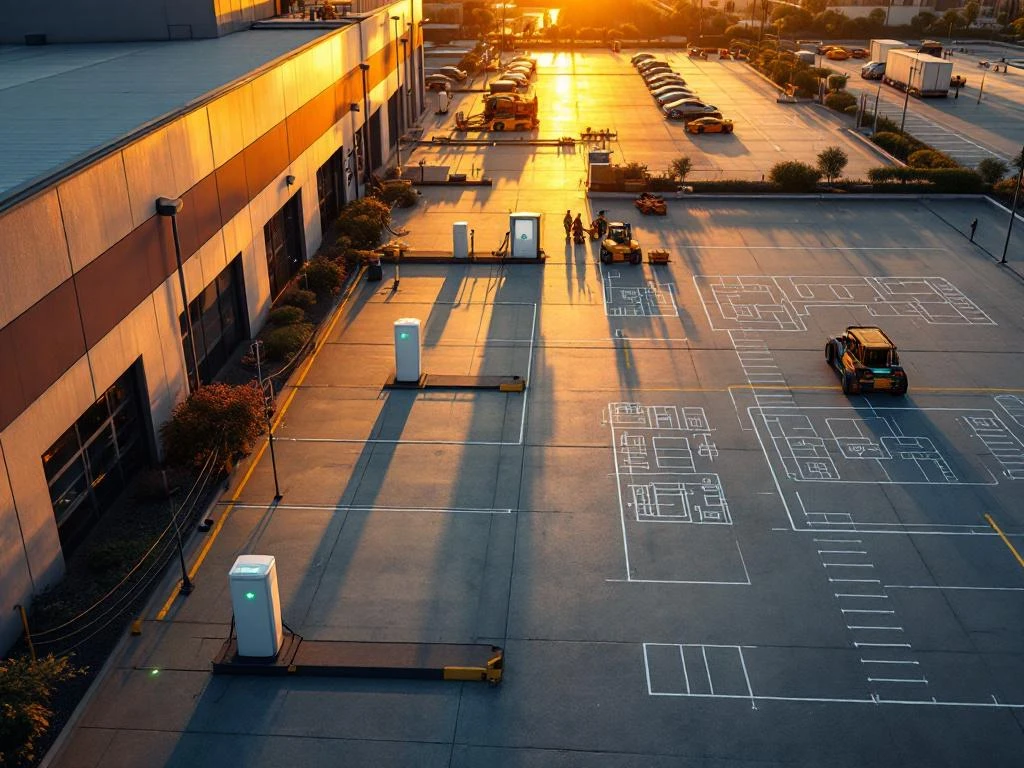 Luchtfoto van commerciële EV-laadstations in gefaseerde installatie met voltooide, lopende en geplande zones