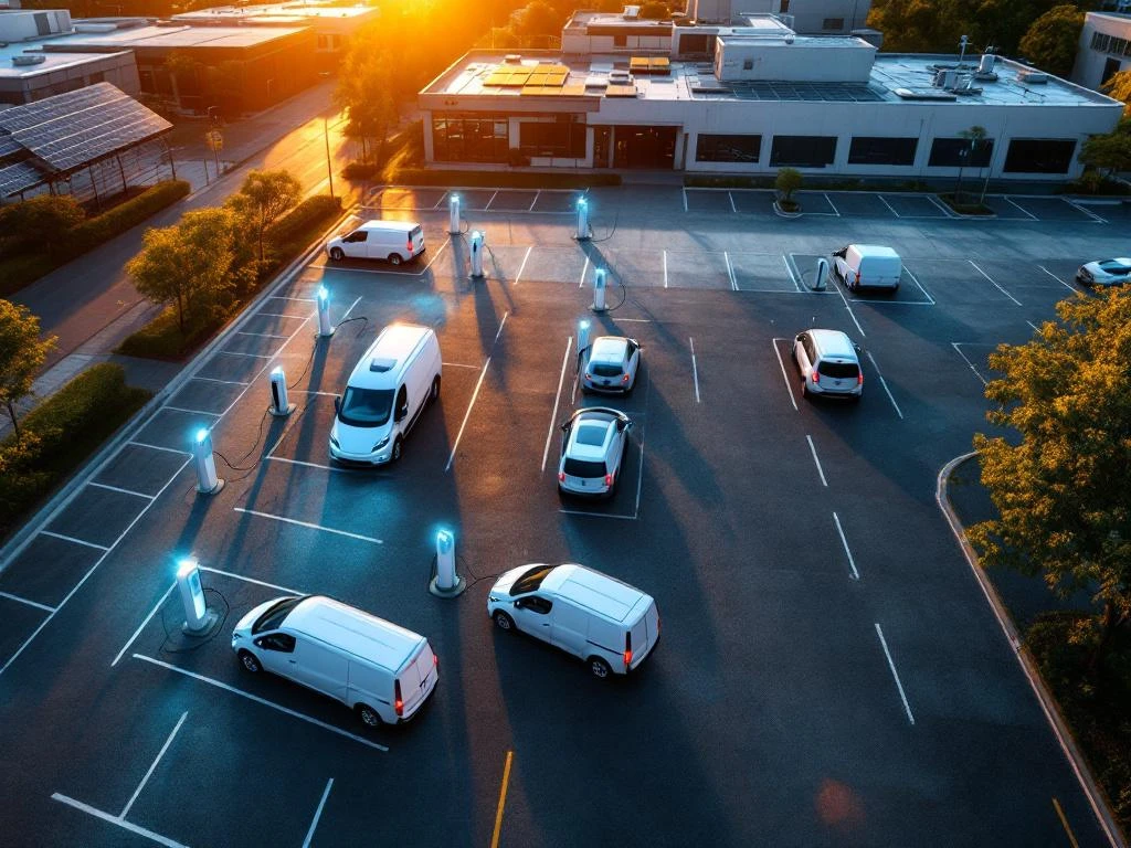 Moderne bedrijfsparkeerplaats met elektrische laadstations voor bestelwagens bij zonsondergang, zonnepanelen op daken zichtbaar