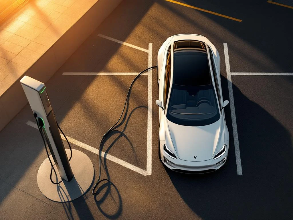 Witte elektrische leaseauto verbonden met laadpaal op zakelijke parkeerplaats tijdens gouden uur