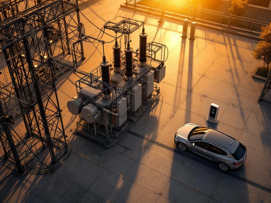Industrieel transformatorstation met hoogspanningskabels naast moderne snellaadstation voor elektrische voertuigen bij zonsondergang


Alternatively, if you need it under 125 characters:

Transformatorstation en EV-snellaadstation met hoogspanningskabels in gouden avondlicht