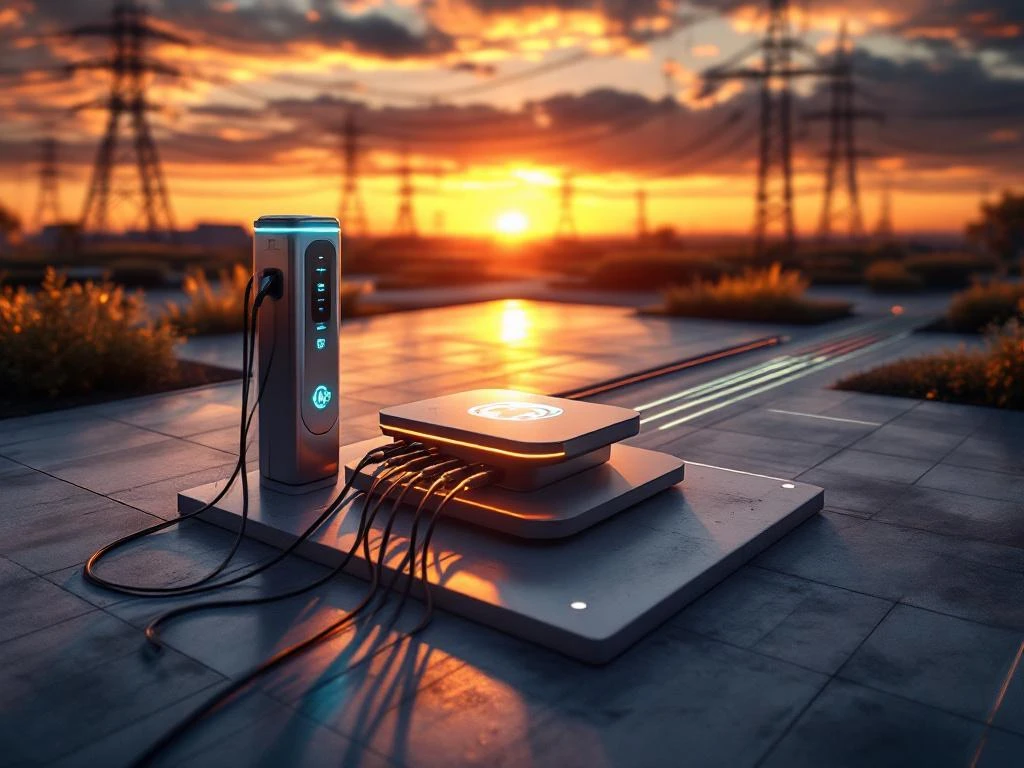 Elektrisch laadstation met blauwe indicatoren bij zonsondergang, elektriciteitsnet op achtergrond