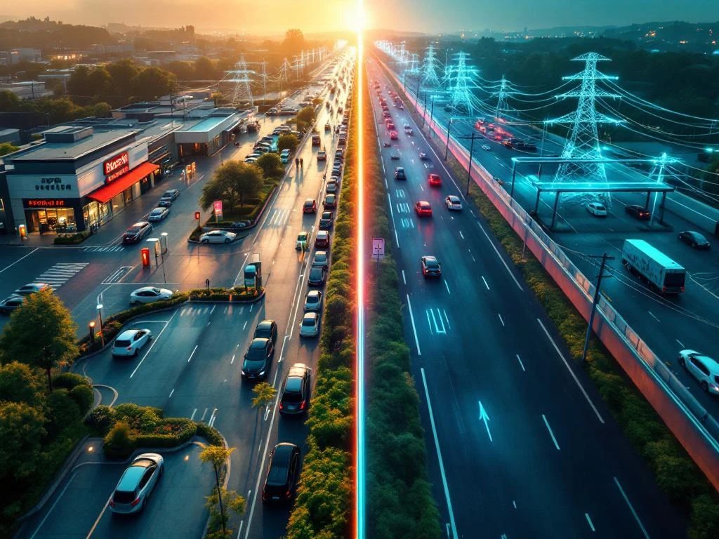 Luchtfoto van elektrische voertuigen bij snelladers in winkelcentrum en langs snelweg met elektriciteitsnet