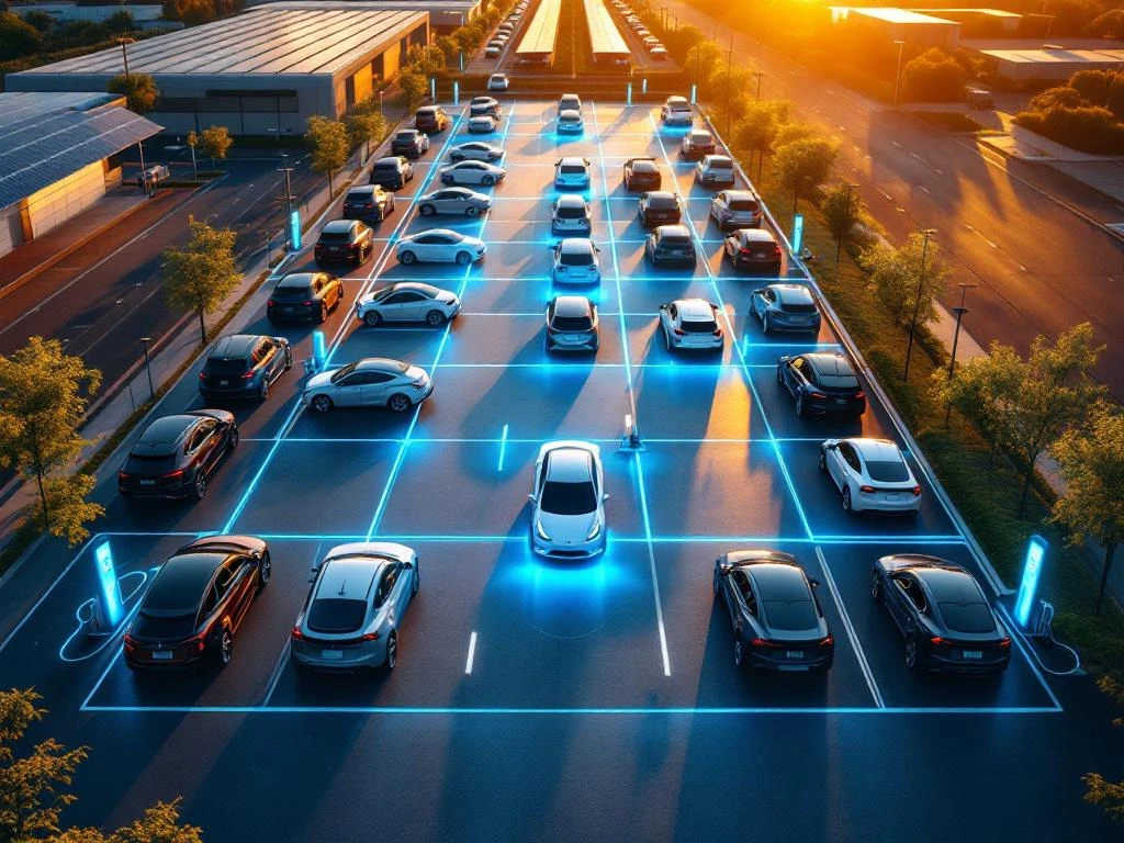 Elektrische voertuigen opladen in rijen bij moderne laadstations met zonnepanelen op de achtergrond