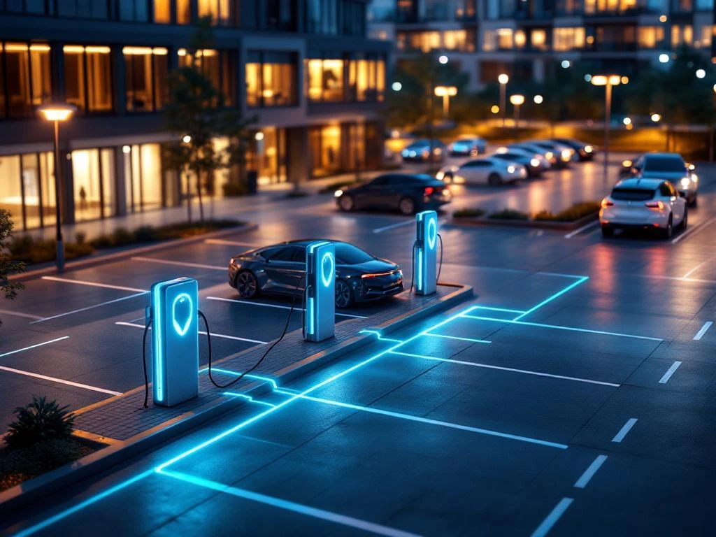 Elektrische auto's laden bij moderne oplaadstations met blauwe LED-verlichting in bedrijfsparkeerterrein bij schemering