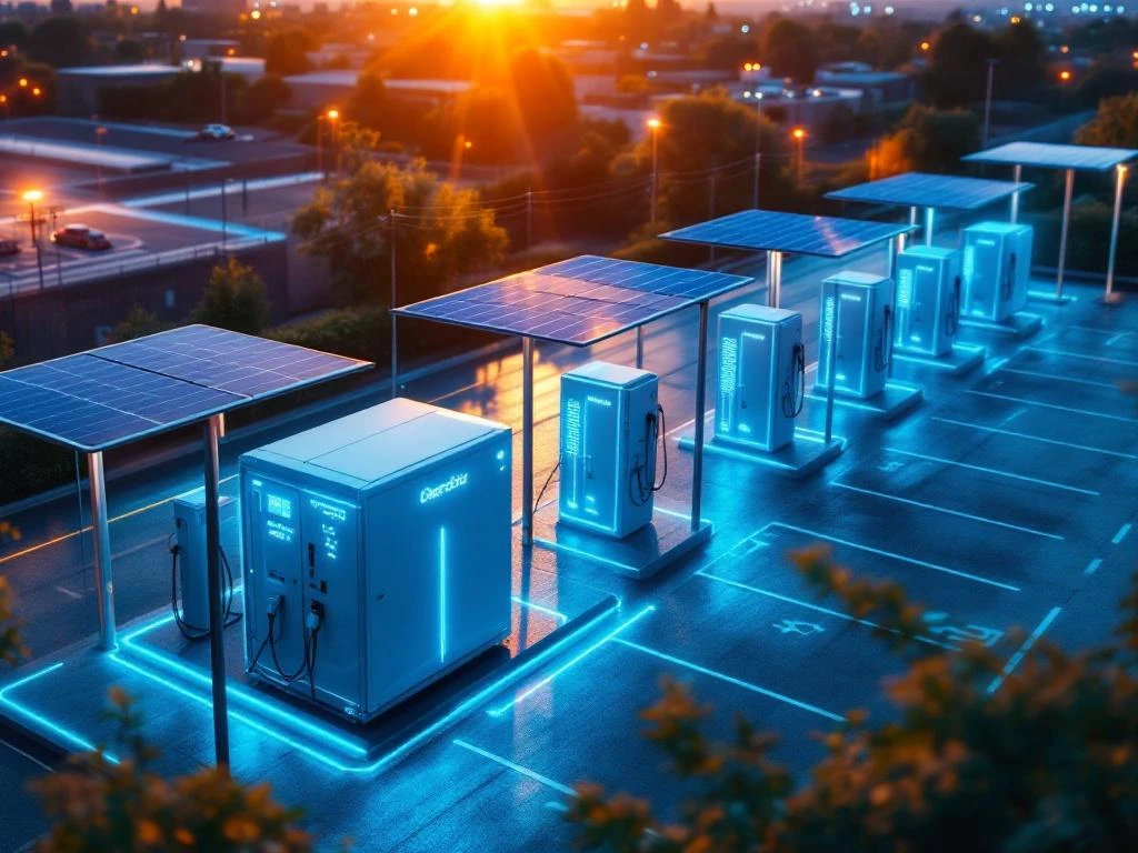 Moderne snellaadstations met elektrische auto's en batterij-opslag tijdens gouden uur met zonnepanelen