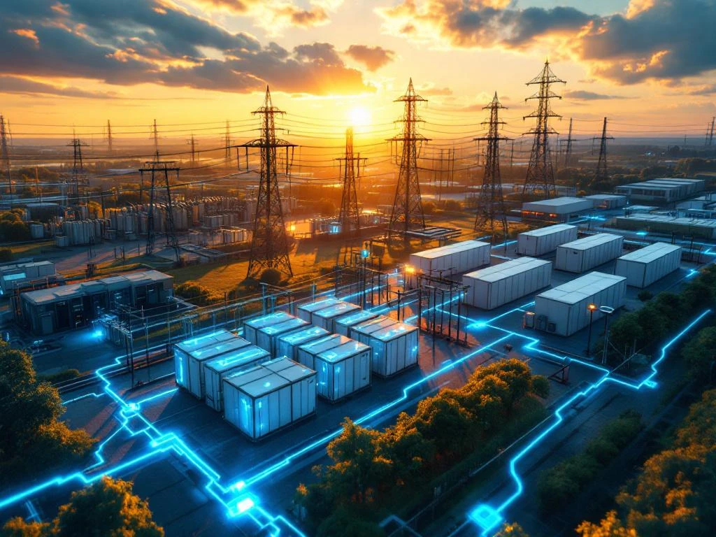 Luchtfoto van elektrisch onderstation met hoogspanningstransformatoren en moderne batterij-energieopslag bij zonsondergang.