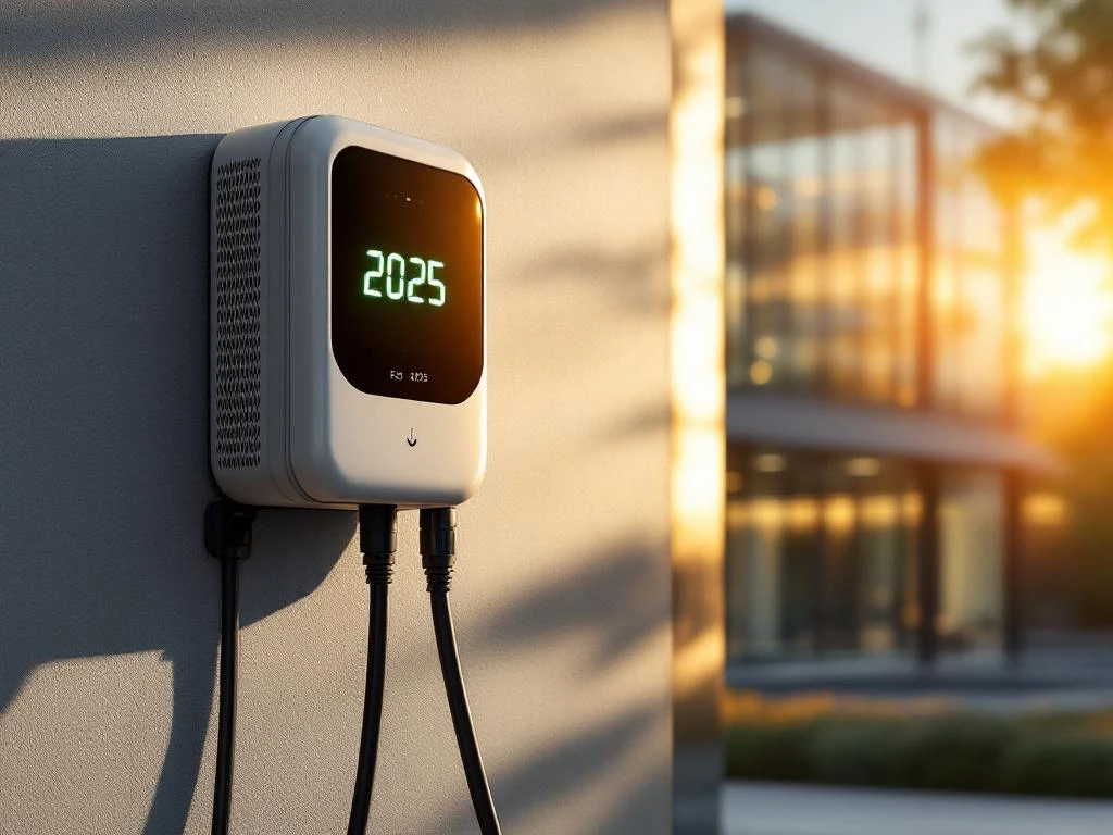 Witte EV-laadpaal met groen LED-display "2025" aan betonnen muur, verlicht door zonlicht met modern kantoorgebouw op achtergrond