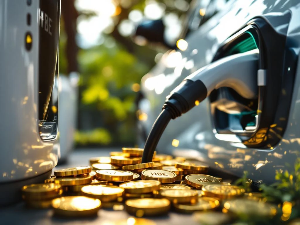 Gouden HBE-munten vallen naast wit elektrisch laadstation met auto op achtergrond