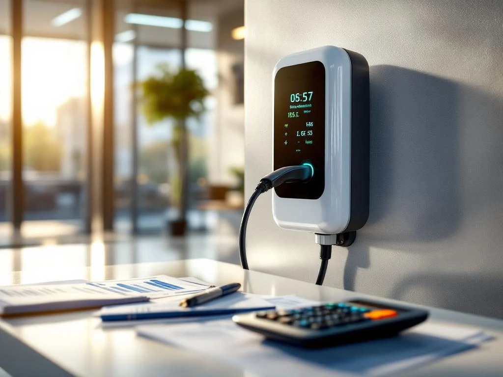 Witte EV-laadpaal op kantoorgebouw met calculator en financiële documenten voor belastingaftrek berekeningen