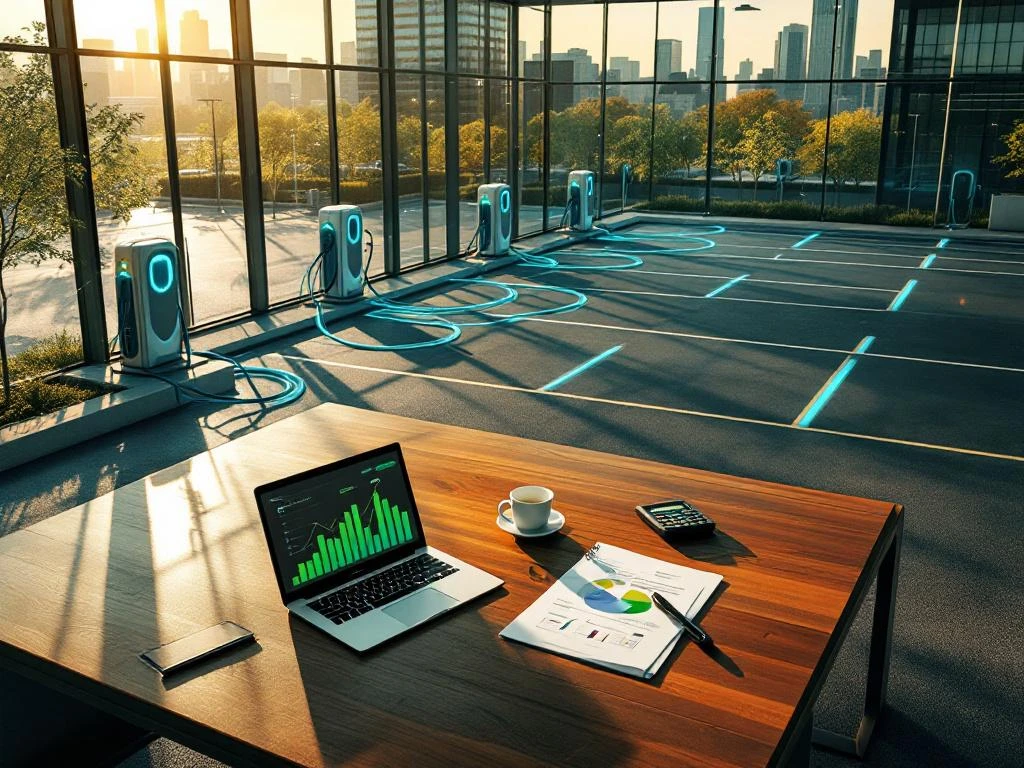 Kantoorgebouw met EV-laadstations en bestuurstafel met financiële documenten, duurzame bedrijfsinvestering