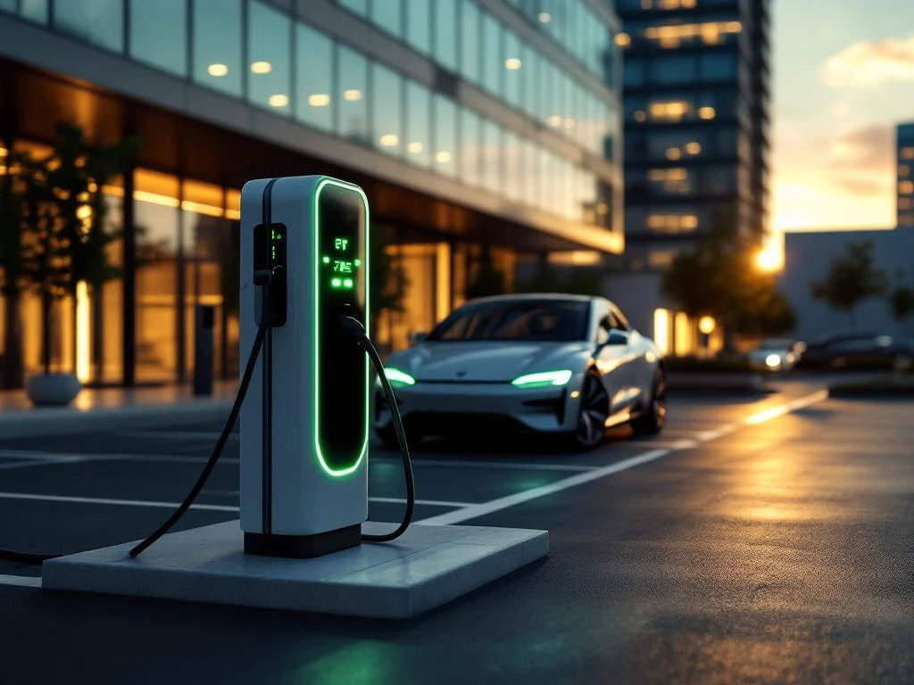 Elektrische laadpaal bij modern bedrijfspand laadt luxe zakelijke EV tijdens gouden uur met duurzame architectuur