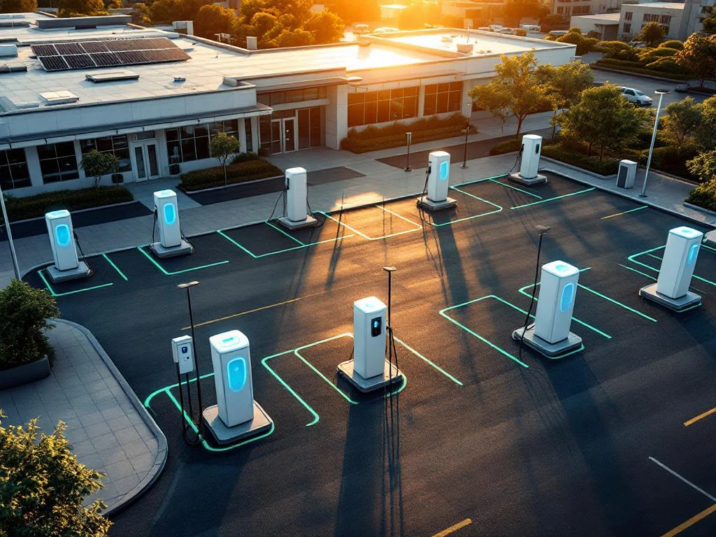 Moderne elektrische laadstations op bedrijfsterrein met zonnepanelen tijdens gouden uur