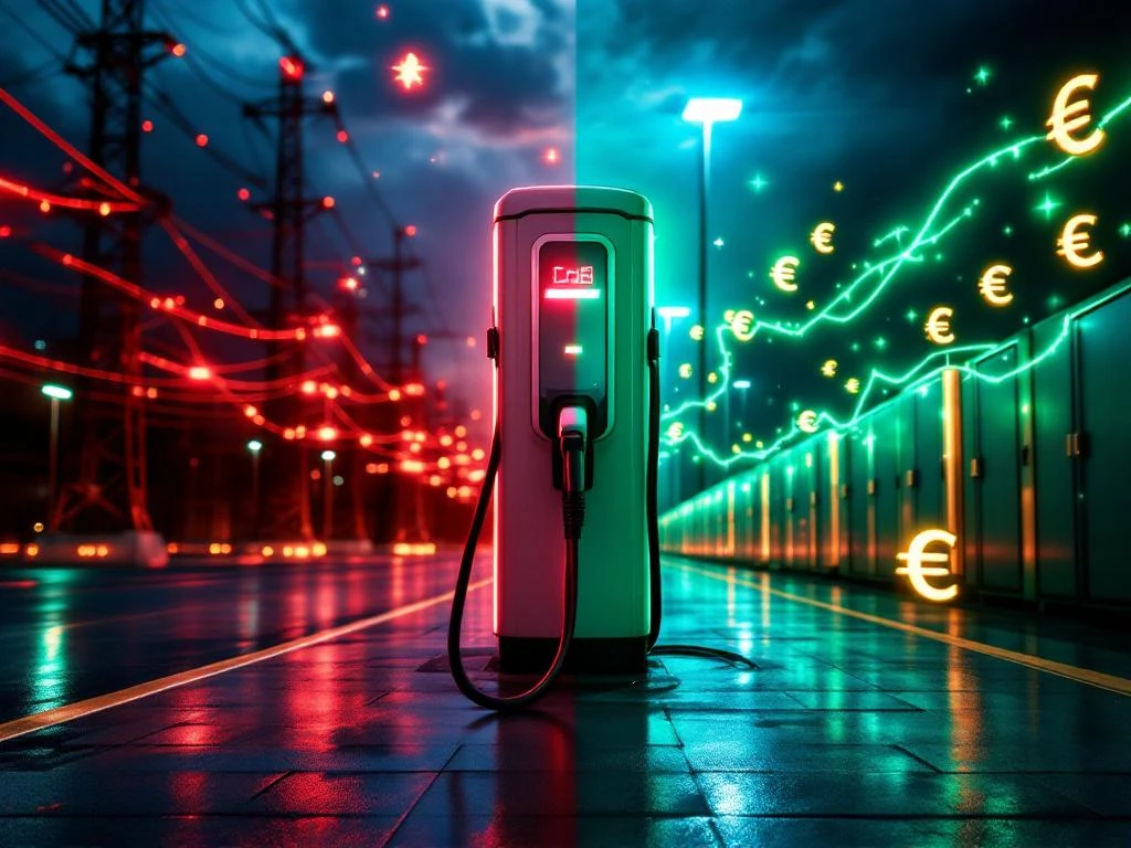EV-laadstation in gesplitst beeld: links overbelast elektriciteitsnet in rood, rechts winstgevende groene energiestroom