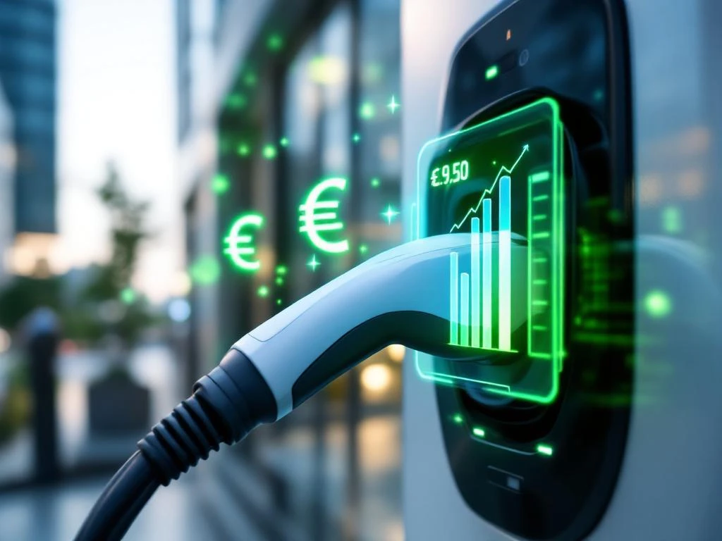 Elektrische auto oplaadkabel in laadstation met holografische euro-symbolen en kostengrafiek overlay