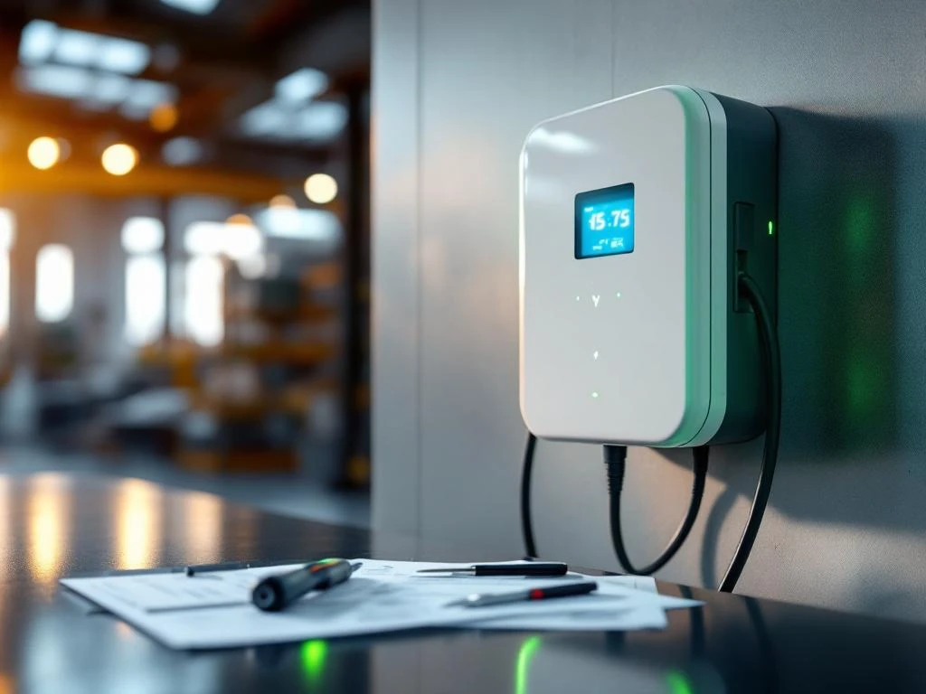 Witte commerciële EV-laadpaal met open technisch paneel, onderhoudsgereedschap en documentatie op voorgrond