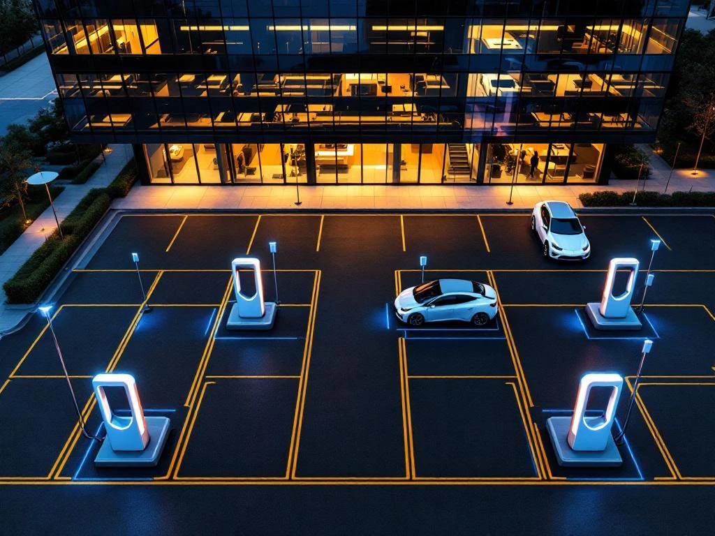 Moderne EV-laadstations op commercieel laadplein bij schemering met LED-verlichting en kantoorgebouw op achtergrond