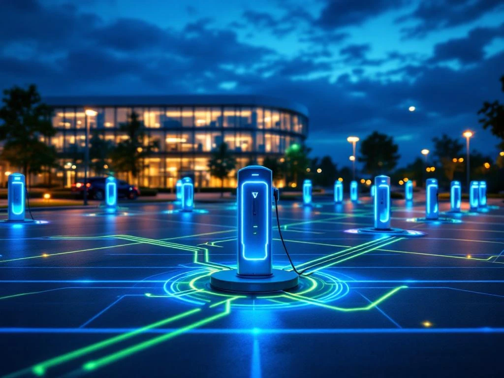 Moderne elektrische oplaadstations in zakelijk parkeerterrein bij schemering met slimme energieverdeling en LED-verlichting