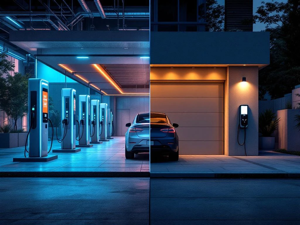 Vergelijking van commercieel EV-laadplein met meerdere snelladers en thuislaadpunt aan garagemuur