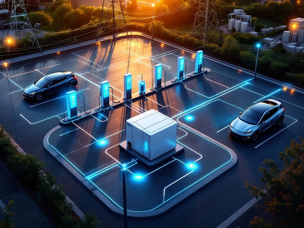 Elektrische auto's opladen bij snellaadstation met batterij-opslagsysteem en zichtbare stroomnetinfrastructuur bij zonsondergang