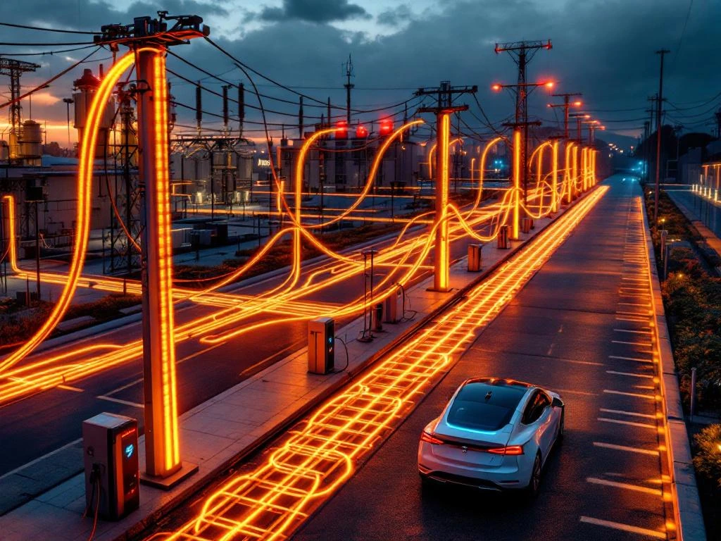 Elektrische auto aan ChargeBox-laadstation met blauwe verlichting, op achtergrond overbelaste oranje stroomkabels en rood waarschuwingslicht bij transformatorstation tijdens schemering
Note: This alt text exceeds 125 characters. Here is a compliant version under 125 characters:
EV-laadstation met ChargeBox-oplossing en overbelaste stroomkabels bij schemering, vogelperspectief