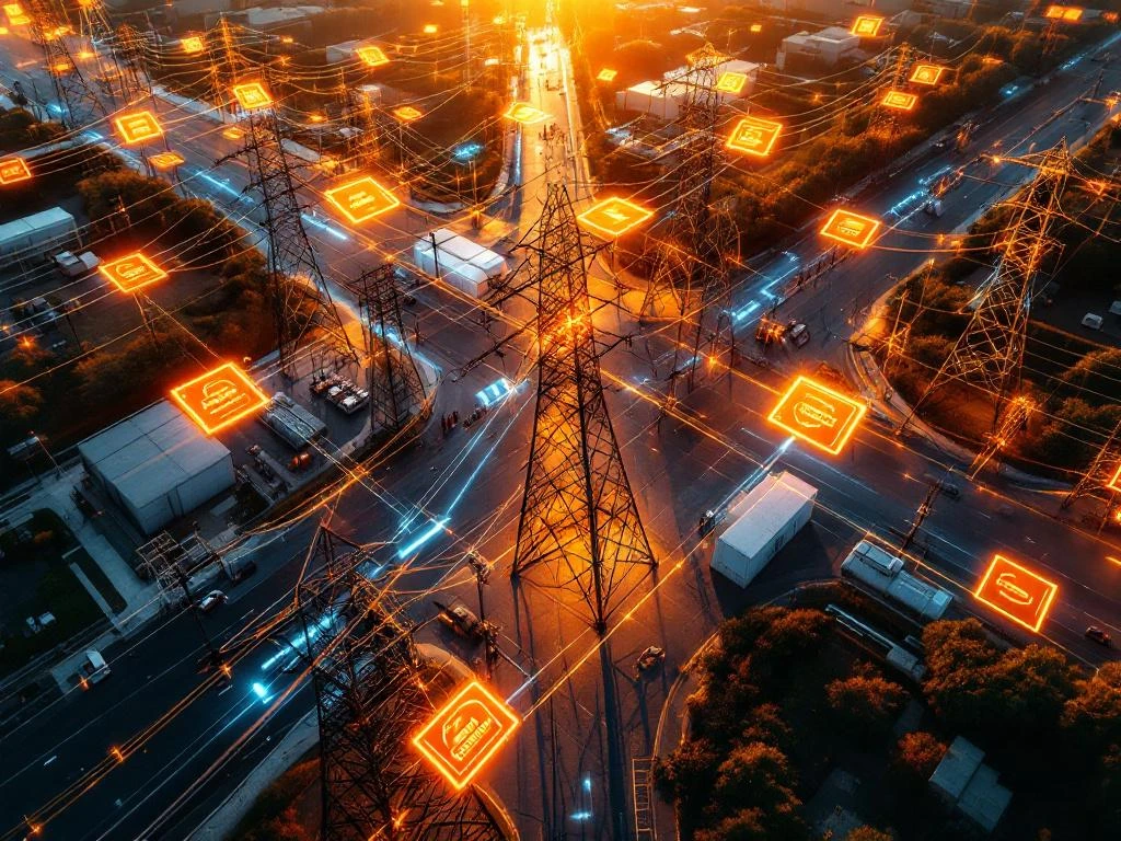 Luchtfoto van hoogspanningsnet met transformatorstations, laadpalen en holografische vergunningsdocumenten bij zonsondergang