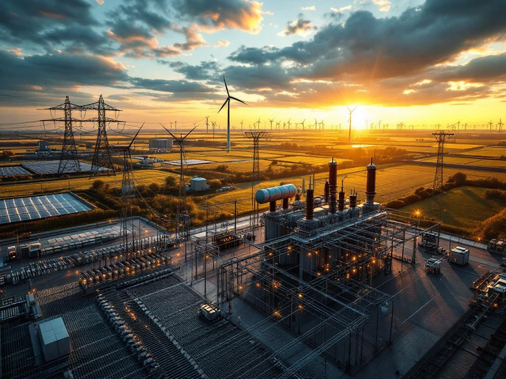 Luchtfoto hoogspanningsstation met transformatoren en stroomlijnen bij zonsondergang, windturbines op achtergrond