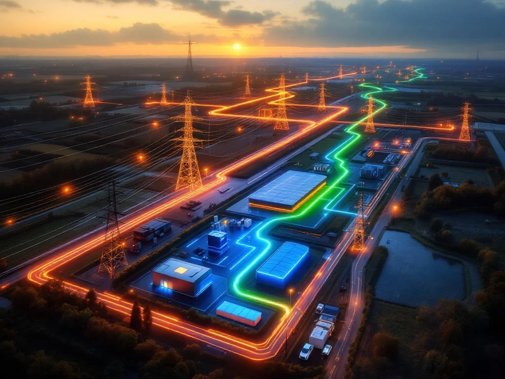 Luchtfoto van elektrisch stroomnetwerk in Nederland met batterijopslag en laadstation bij schemering