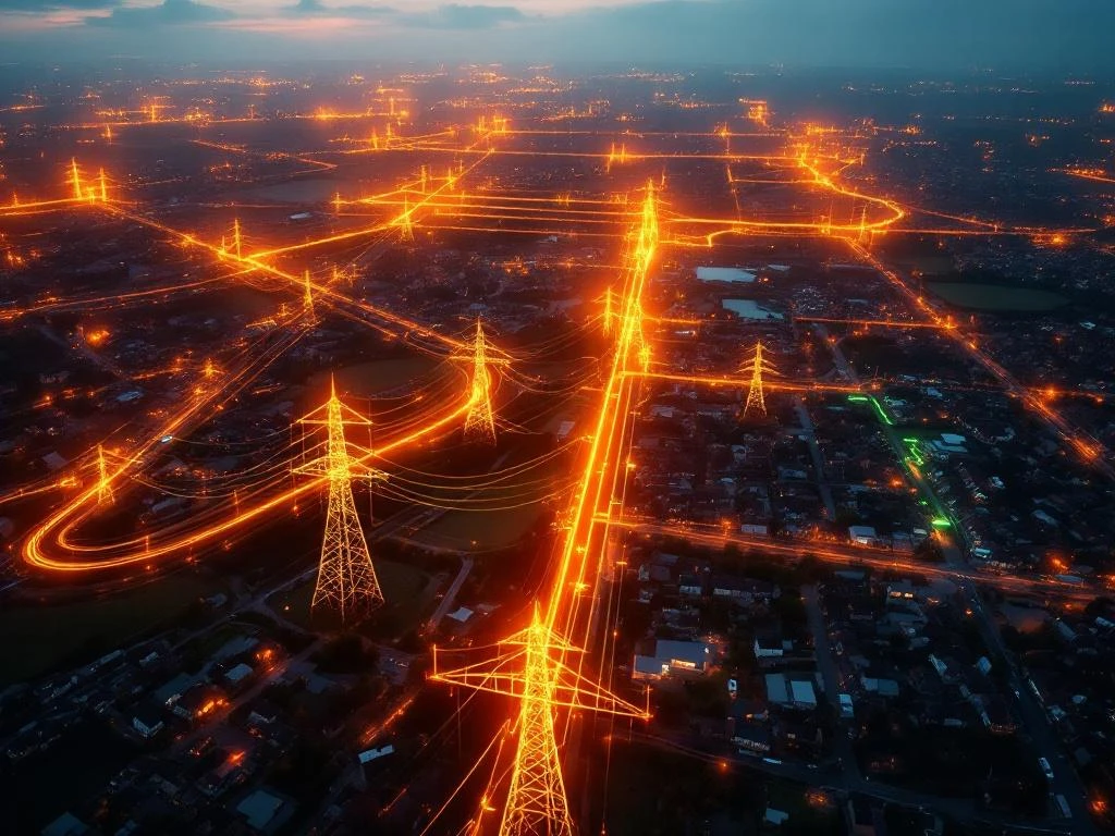 Luchtfoto van elektrisch hoogspanningsnet met oranje hittemap die overbelaste punten toont in Nederlands voorstadslandschap bij schemering