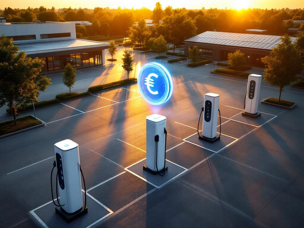 Elektrische laadstations met blauwe LED-verlichting op bedrijfsparkeerplaats met zonnepanelen tijdens gouden uur